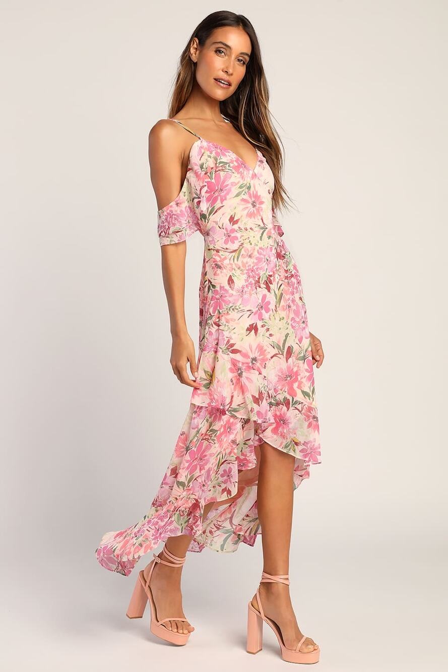 NWOT Lulus Watch Me Grow Pink Floral Print Cold-Shoulder High-Low Dress Resort M